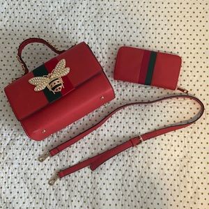 Red and Green Bumble Bee Purse and Wallet Set